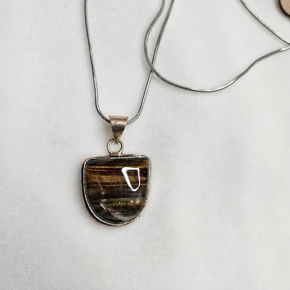 925 Sterling Silver Plated Tiger's Eye Necklace Pendant Natural Stone NWOT - Picture 6 of 6